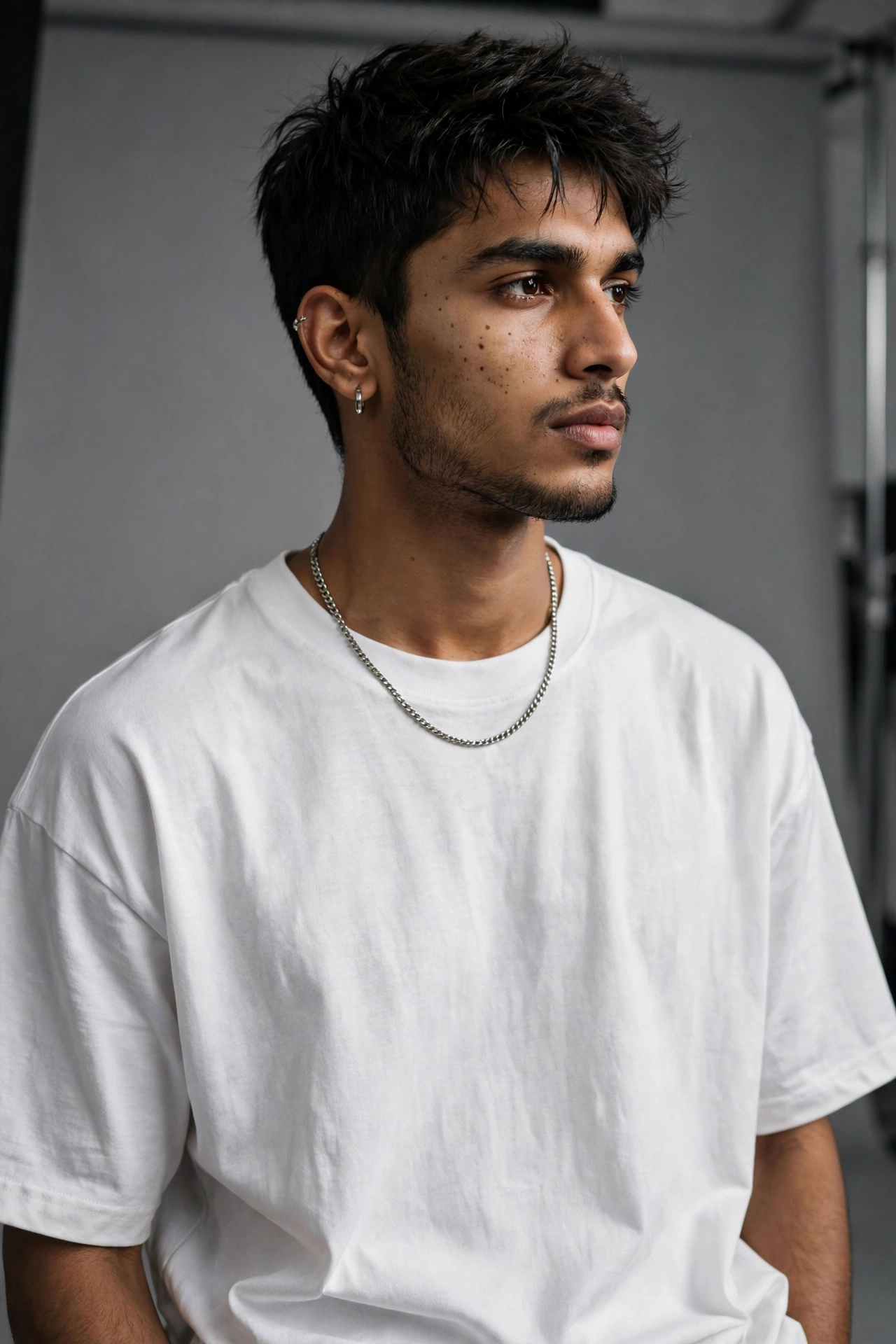 media generation zipib white oversize model 0 e238c9f6 e243 4f0d b091 362bcfdc1d4c ZIPIB white oversized t-shirt on model, side profile view
